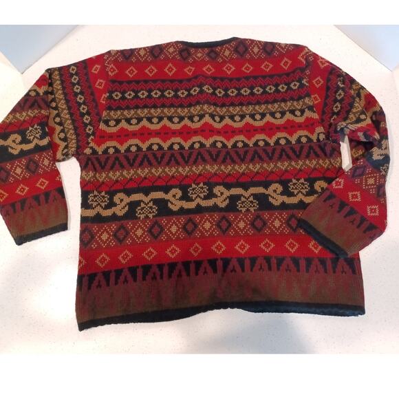 Vntage Tally Ho Fair Isle Black/Gold/Redtones Button Cardigan L-Sleeve - Picture 2 of 6